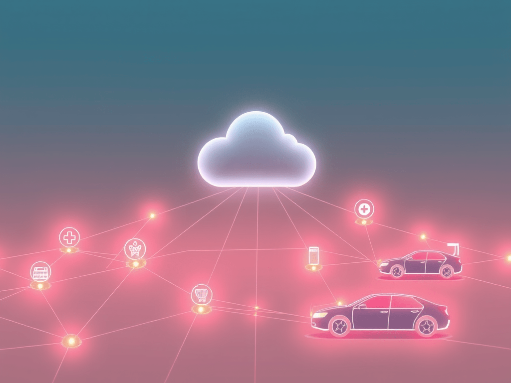 illustration of intelligence distributed across edge nodes — factory, hospital, retail and vehicle — moving away from centralised cloud toward local processing at the network edge