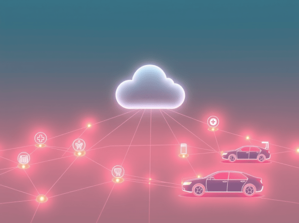 illustration of intelligence distributed across edge nodes — factory, hospital, retail and vehicle — moving away from centralised cloud toward local processing at the network edge