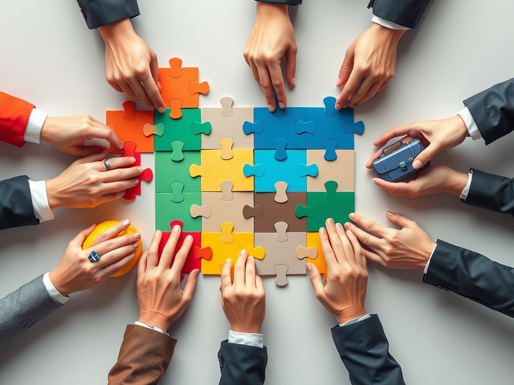 illustration of citizen developers assembling an application from modular building blocks — representing low-code and no-code platform adoption in the enterprise