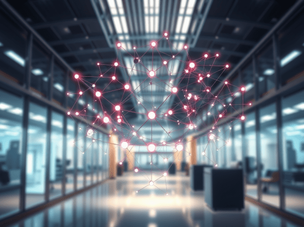 Graph database visualisation showing interconnected system nodes and dependency relationships across enterprise architecture — illustrating relationship-aware data modelling