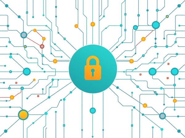 Illustration of a data pipeline with a governance layer at the centre, representing secure enterprise data infrastructure