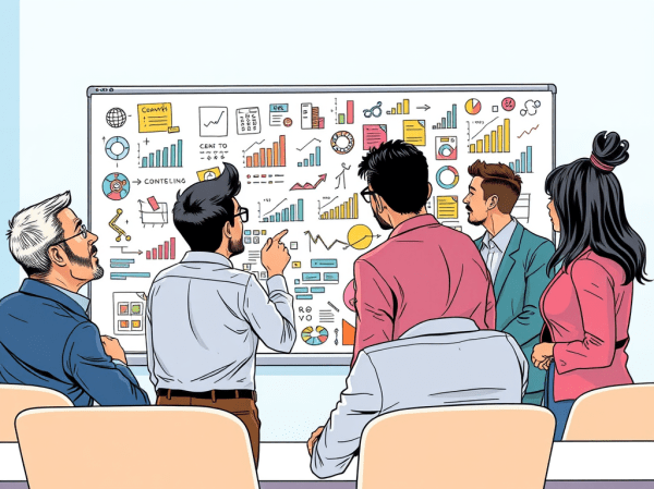 diverse group of professionals collaborating around a whiteboard filled with illustrations about AI deployment