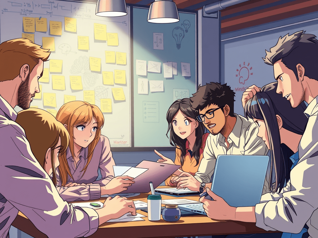 a collaborative environment, illustrating the concept of "Mindsharing" and crowdsourcing ideas.