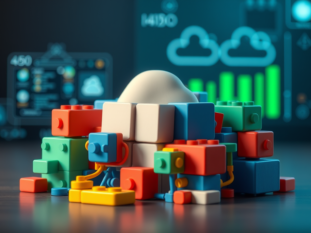 Illustration of a composable enterprise architecture showing modular building blocks being assembled and reconfigured by different teams