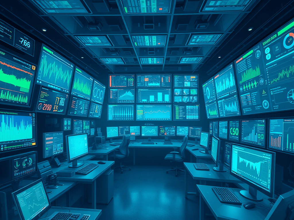A Million Alerts a Day: Why IT Operations Had to Call in AI." Depict a bustling IT operations control room filled with multiple screens displaying a flood of alerts, charts, and graphs.