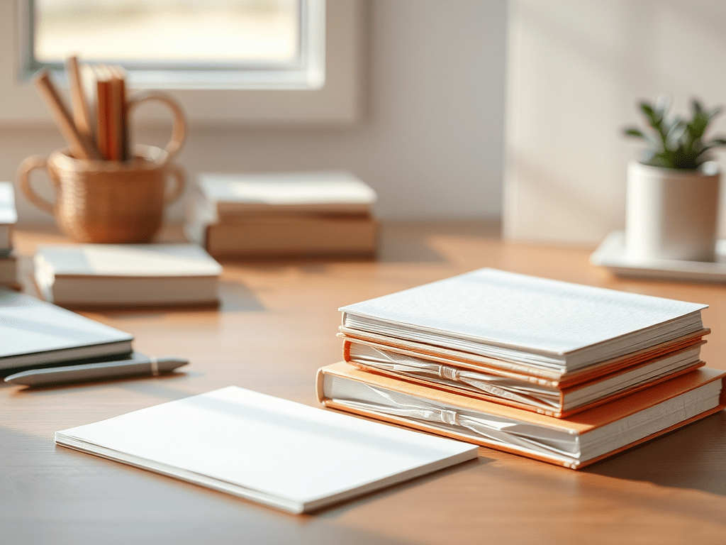 "Essentialism - The Disciplined Pursuit of Less." the central theme of prioritizing what truly matters by depicting a serene workspace with a clear desk, minimal distractions,