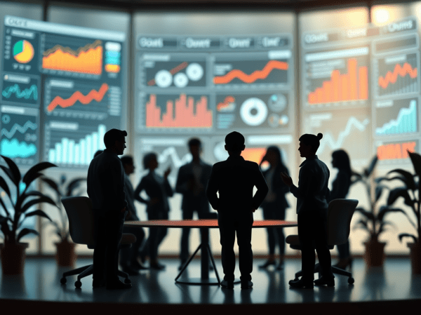 image depicting the concept of OKRs (Objectives and Key Results) in a corporate environment.