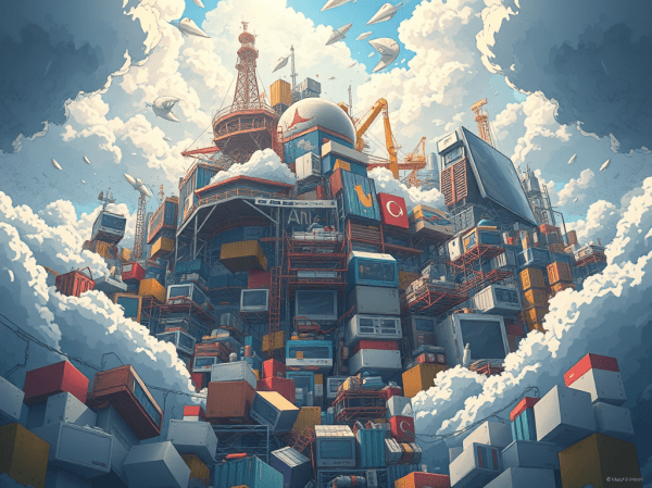 illustration of cloud environments and on-premises infrastructure connected through a single central orchestration layer — representing hybrid and multi-cloud governance