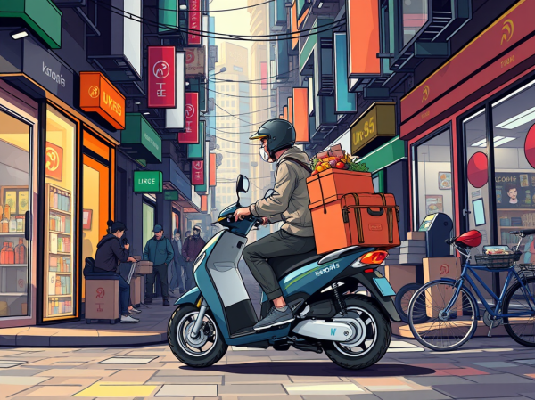 bustling urban scene representing the concept of quick commerce, with a focus on a delivery person carrying groceries on a moto scooter