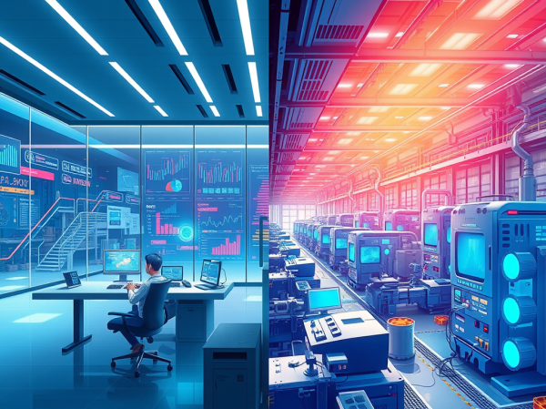illustration depicting a futuristic enterprise environment where agentic AI is actively engaged in financial and manufacturing workflows