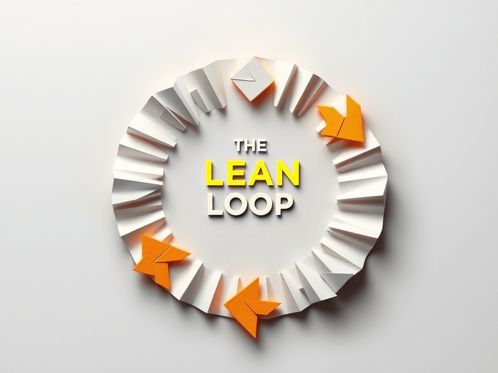 dynamic representation of the Lean Product Process, incorporating elements that symbolize AI, such as neural networks and data streams