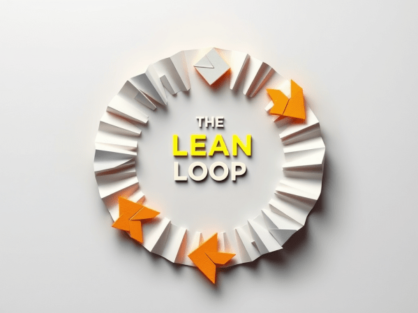 dynamic representation of the Lean Product Process, incorporating elements that symbolize AI, such as neural networks and data streams