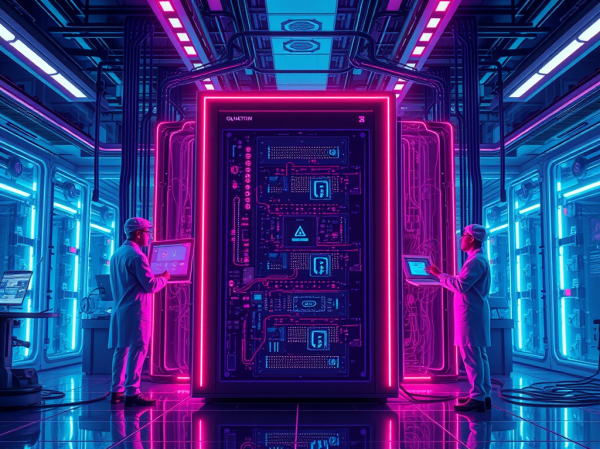 illustration depicting a modern quantum computer in an advanced lab setting