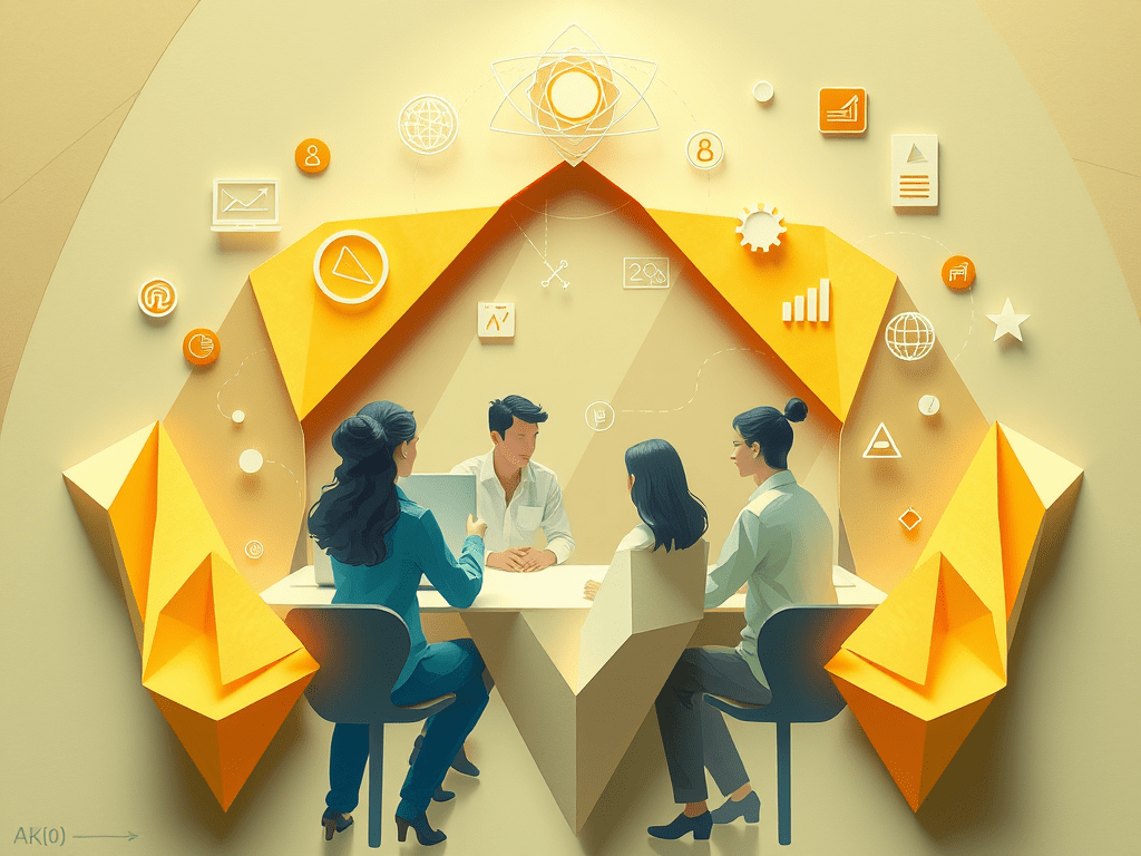 modern workspace with diverse teams collaborating, surrounded by visual symbols of classic frameworks like Three Horizons, design thinking, and Lean Startup, intertwined with AI elements such as algorithms and digital interface