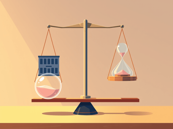 Flat design illustration of a balance scale weighing a business block against time — representing Warren Buffett's investment philosophy of value, patience, and long-term thinking.