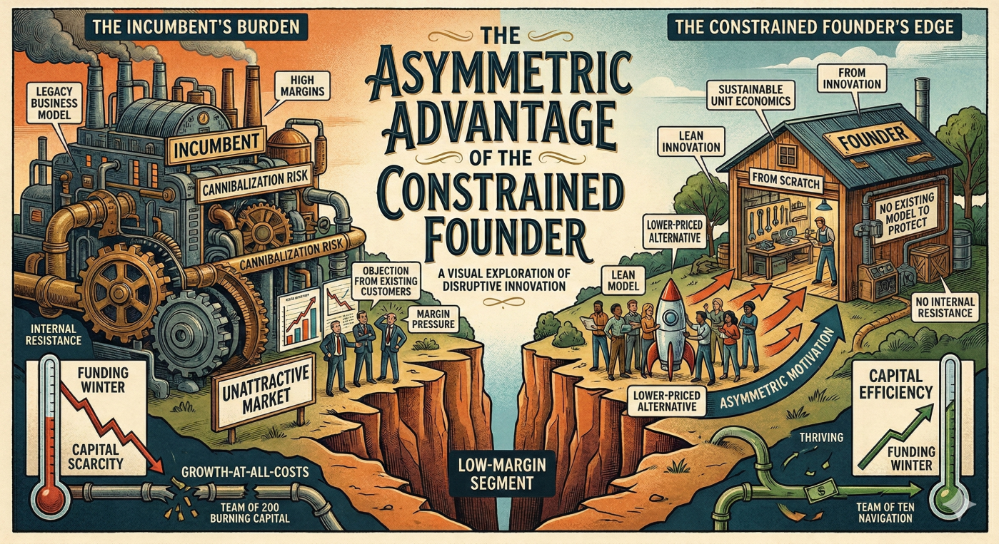Disruptive innovation curve — incumbent retreat creating strategic space for disruptors in underserved market segments during a downturn