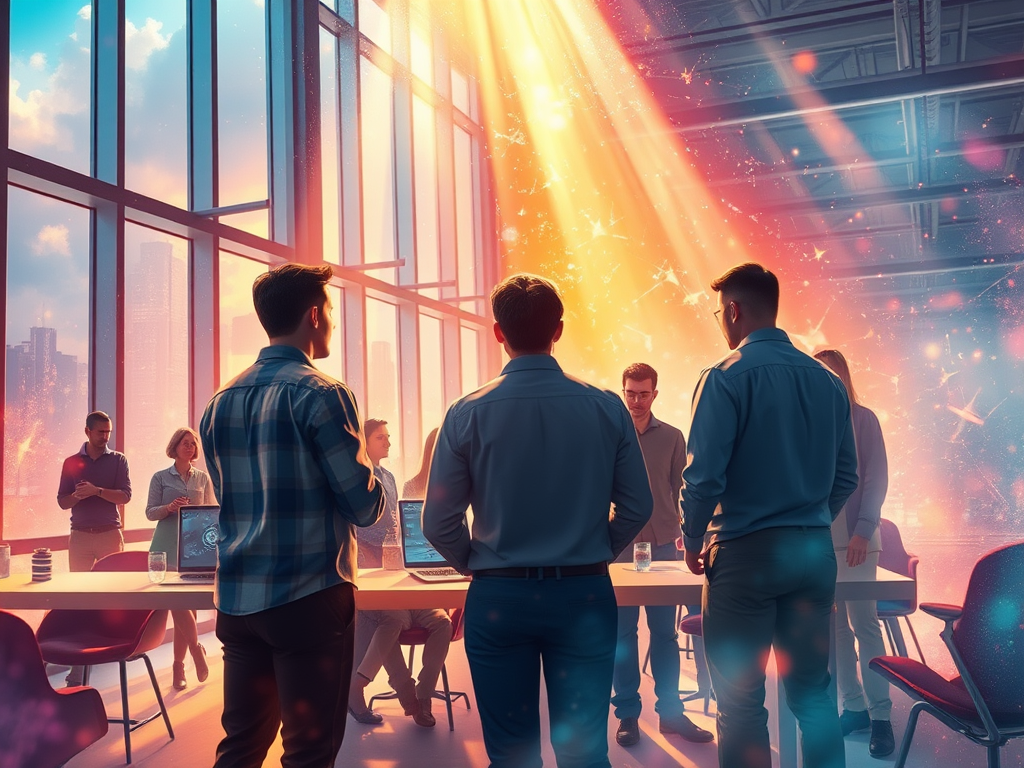 vibrant in-house startup accelerator environment showcasing collaboration between large corporate teams and innovative startups.