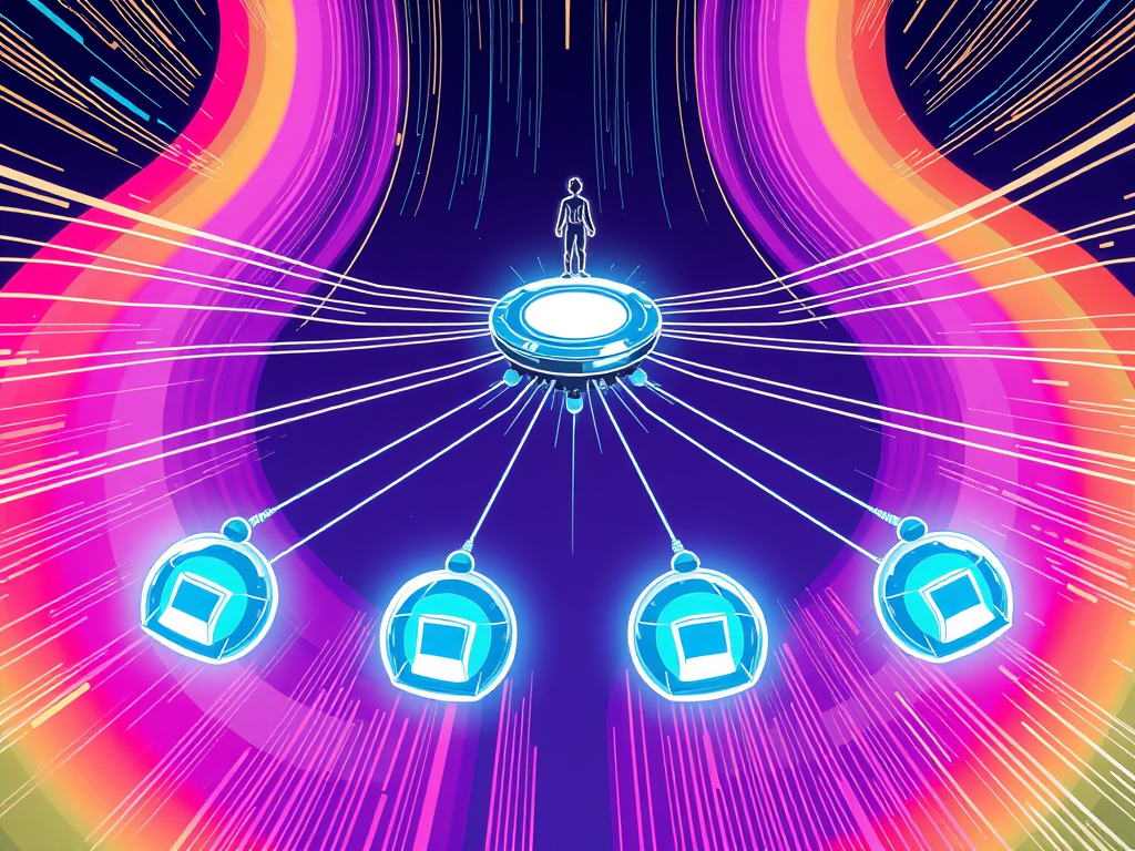 Illustration of multi-agent AI architecture showing a central orchestration layer coordinating specialised AI agents with human oversight positioned above the system