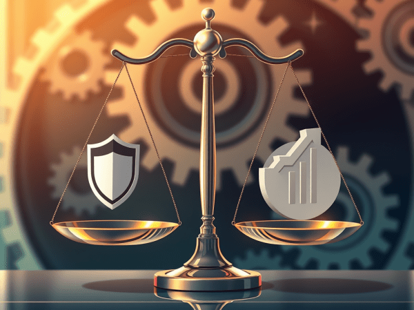 Illustration of responsible AI governance as a balanced scale between compliance and competitive advantage, with operational governance machinery in the background