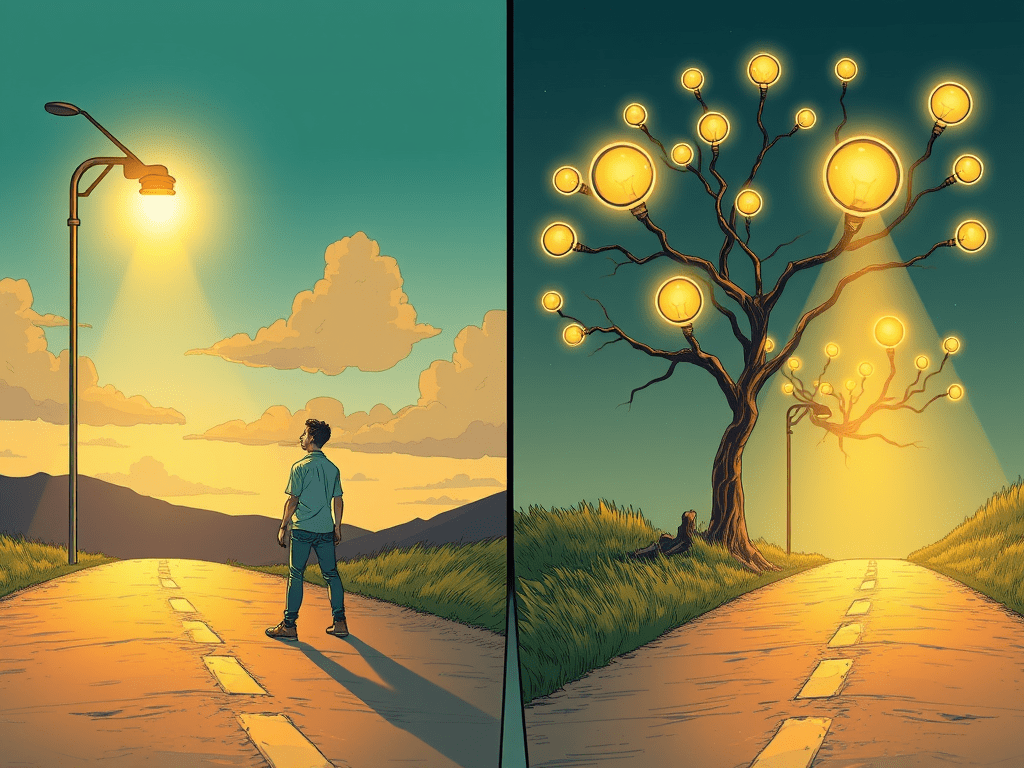 Illustration contrasting intuition-led decision making with hypothesis-driven experimentation showing branching paths, feedback loops, and evidence-based outcomes