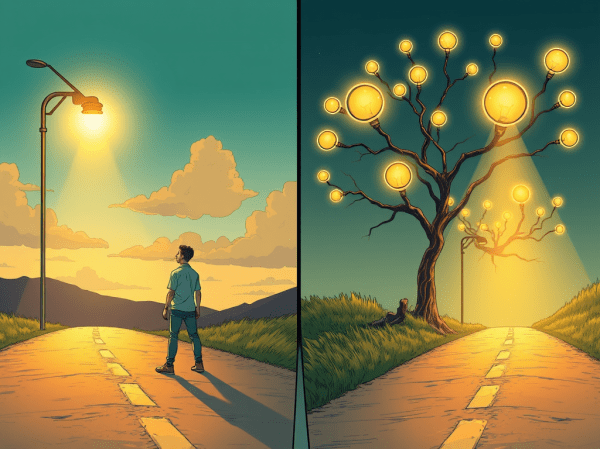 Illustration contrasting intuition-led decision making with hypothesis-driven experimentation showing branching paths, feedback loops, and evidence-based outcomes