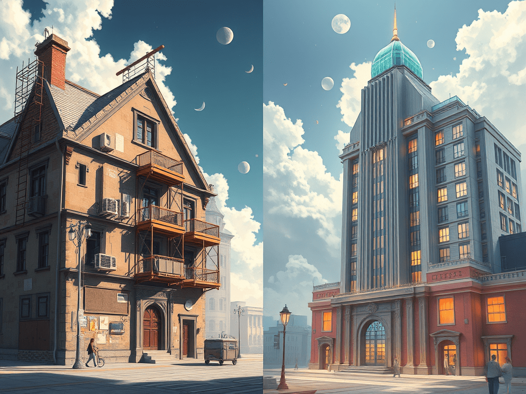 Illustration contrasting a traditional business retrofitting AI as an add-on versus an AI-native startup with artificial intelligence embedded as its foundational architecture from inception