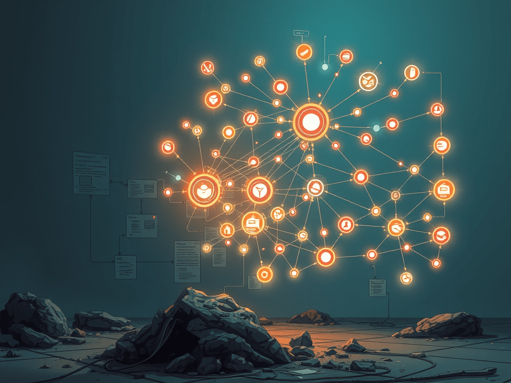 Illustration of a living enterprise architecture model — a dynamic graph of interconnected systems, data flows, and decision nodes that updates in real time, contrasting with a faded static diagram gathering dust beside it