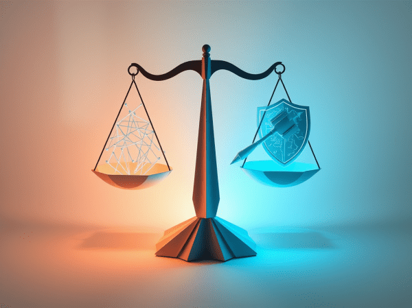 Illustration of a set of balanced scales showing AI capability on one side and trust and governance on the other — with compliance and competitive advantage shown as interconnected outcomes rather than opposing forces