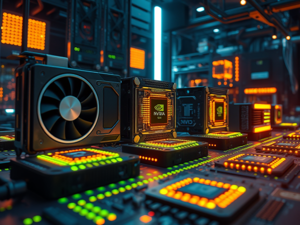 mage featuring cutting-edge AI hardware components, prominently showcasing NVIDIA GPUs alongside ASIC chips like Google's TPUs