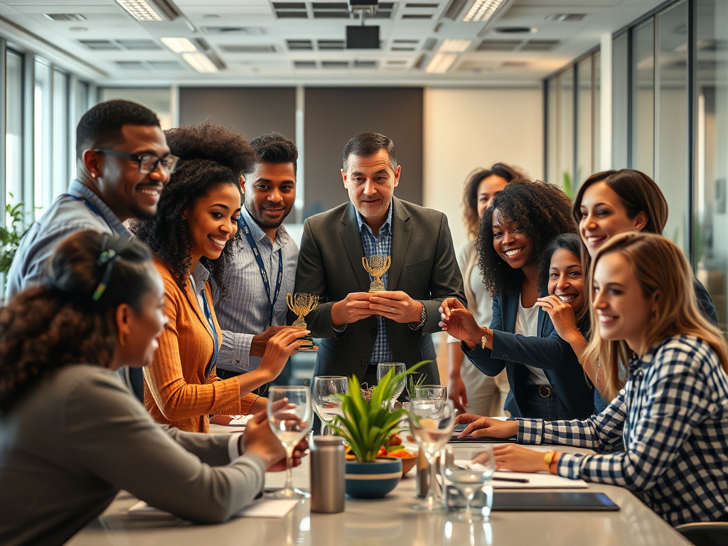 concept of "Champions Circle," showcasing a diverse group of employees in an office setting collaboratively celebrating their invisible contributions. In