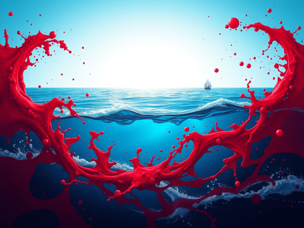 represents the concept of "Blue Ocean Strategy", focusing on the contrast between a vibrant blue ocean and a chaotic, blood-red sea