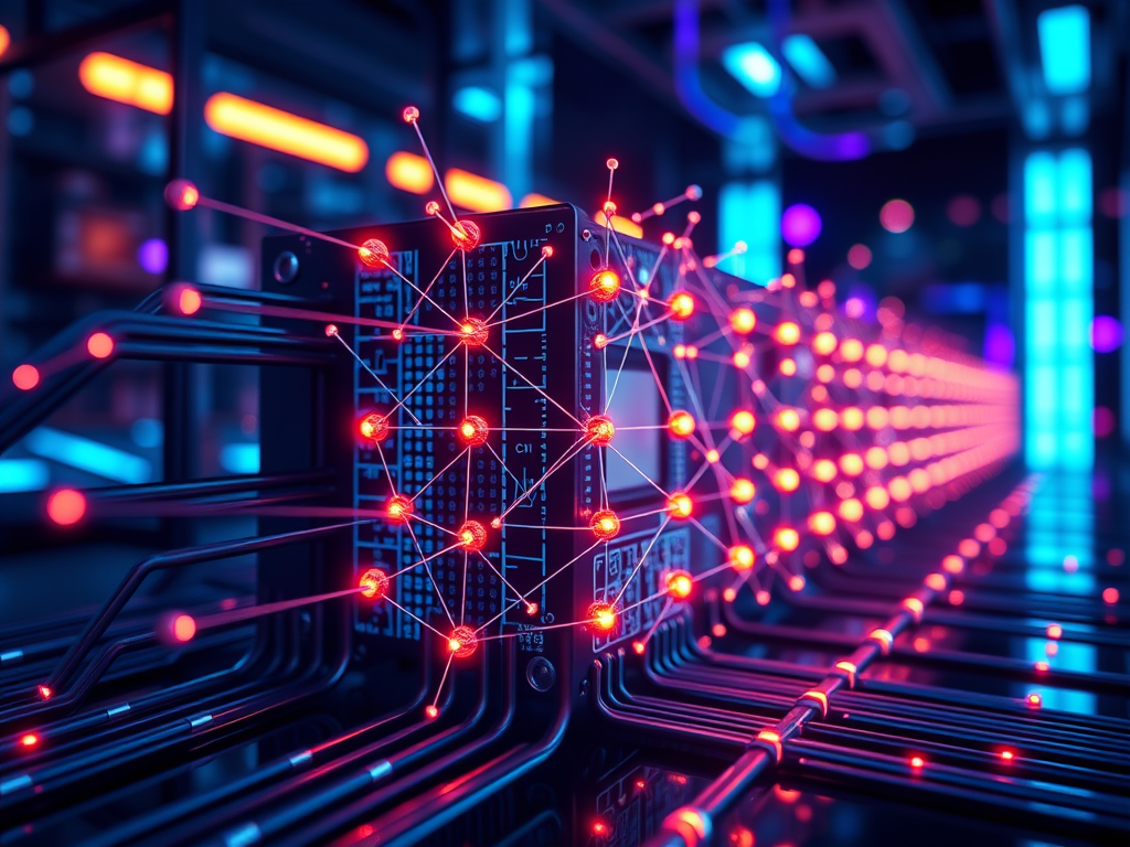 image featuring a futuristic quantum computer, emphasizing its qubits represented as glowing nodes interconnected by luminous threads,