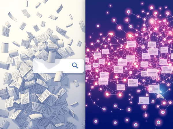 Illustration contrasting traditional keyword search returning scattered exact-match results with semantic search understanding intent and surfacing meaningfully connected relevant information