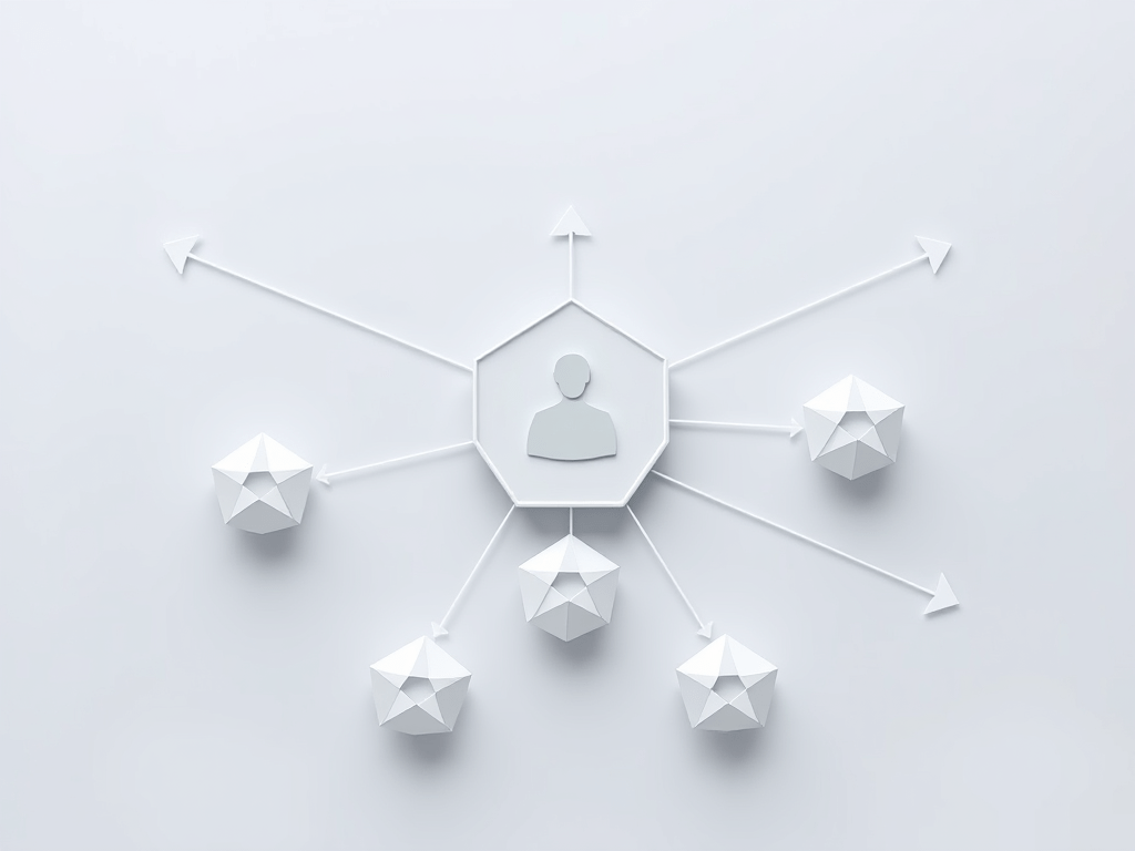 illustration of multi-agent AI orchestration — geometric agent nodes flowing into a central coordination hub with human oversight element