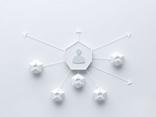 illustration of multi-agent AI orchestration — geometric agent nodes flowing into a central coordination hub with human oversight element