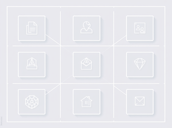 A clean nine-block grid layout — loosely resembling the Business Model Canvas structure — with each block represented by a simple geometric icon.