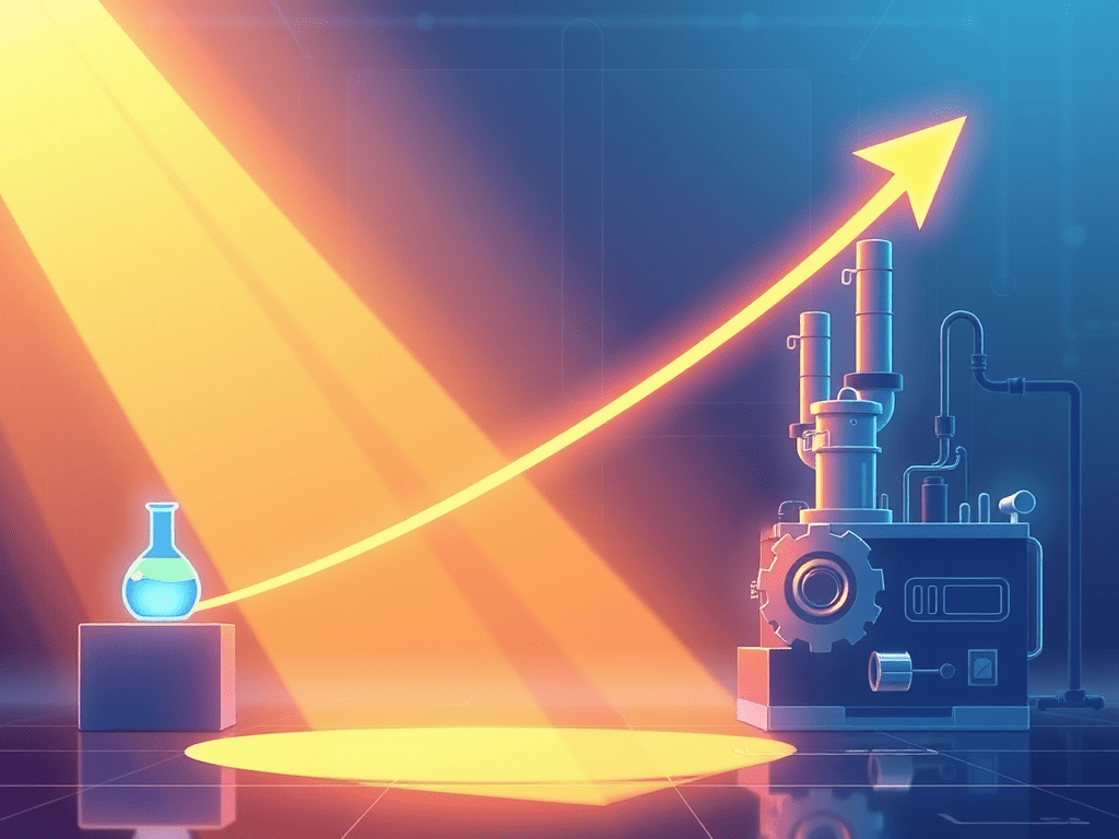 AI-pilot to production - upward-curving arc moving from a small flask icon (pilot) to a factory/gear icon (production),