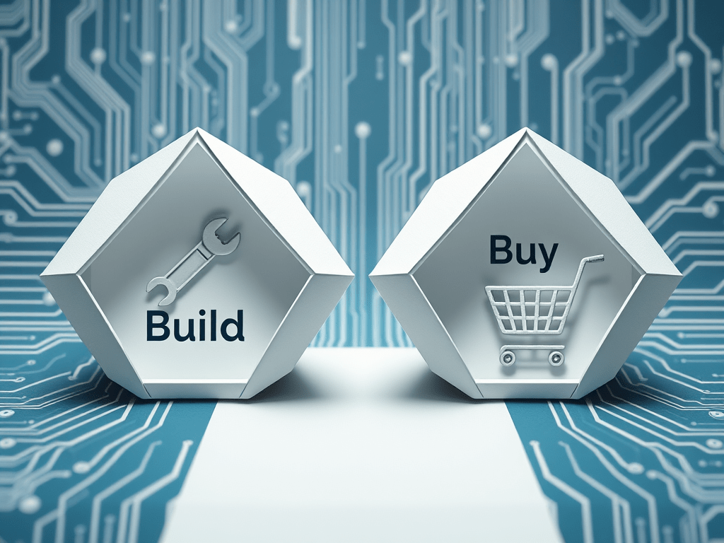 two geometric pathways — one labelled conceptually by a wrench/build icon, one by a shopping/purchase icon