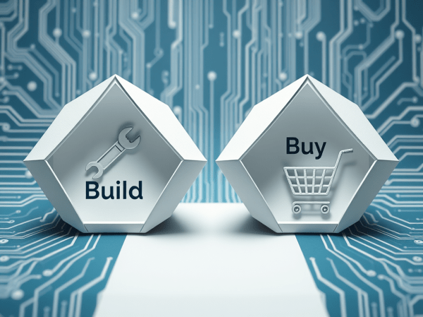 two geometric pathways — one labelled conceptually by a wrench/build icon, one by a shopping/purchase icon