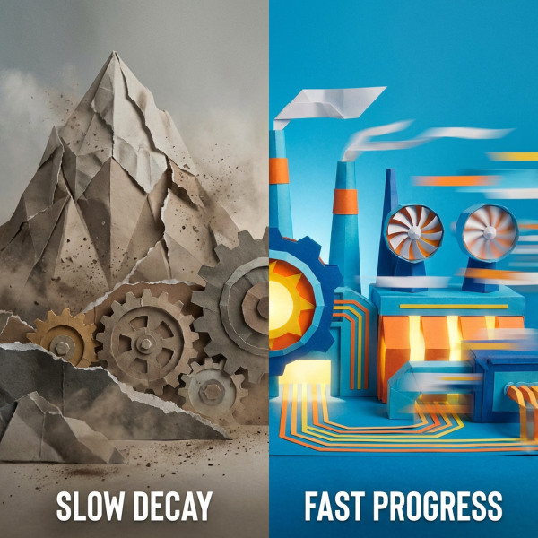 Split image showing 'SLOW DECAY' with crumbling paper and 'FAST PROGRESS' with a vibrant factory.