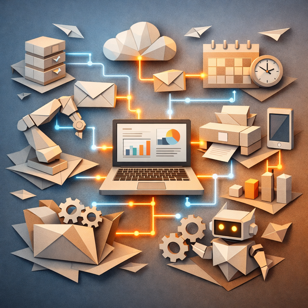Laptop with data charts connected to cloud, robot arm, gears, and communication icons symbolizing automation and AI workflow