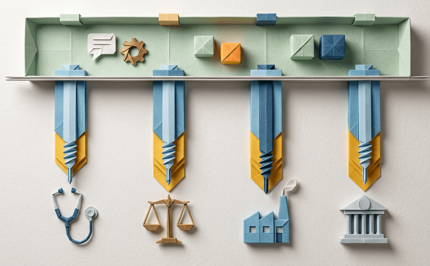 Illustration contrasting a shallow horizontal band of generic technology with deep vertical shafts reaching into specific industries like healthcare, legal, and finance, representing vertical AI specialization.