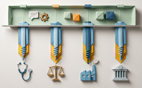 Illustration contrasting a shallow horizontal band of generic technology with deep vertical shafts reaching into specific industries like healthcare, legal, and finance, representing vertical AI specialization.