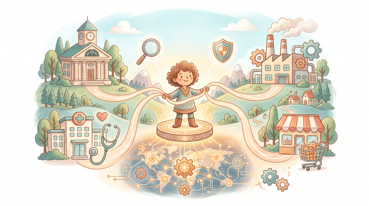 Storybook-style illustration of multiple industry icons connected to a central integrator figure with a global operations hub in the background, representing the shift toward AI talent that bridges domain expertise and technology