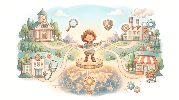 Storybook-style illustration of multiple industry icons connected to a central integrator figure with a global operations hub in the background, representing the shift toward AI talent that bridges domain expertise and technology