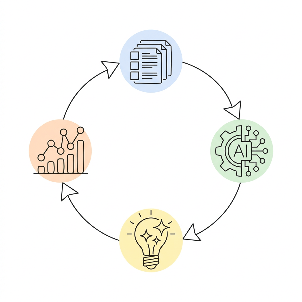 Circular diagram linking documents, AI, innovation, and data analysis
