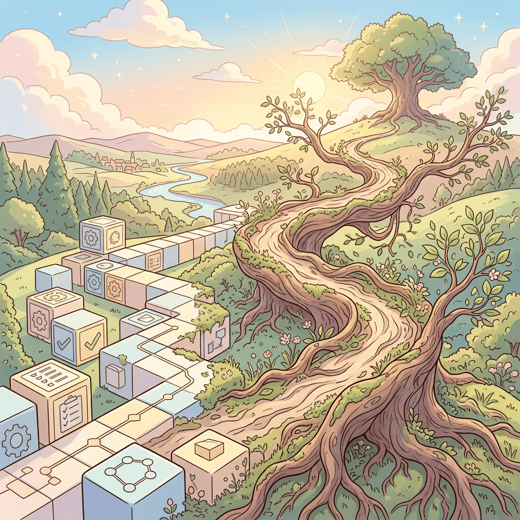 Winding tree path overlooking connected workflow blocks in a pastel landscape