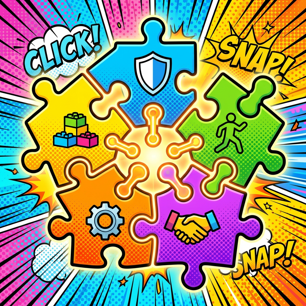 Colorful puzzle pieces with icons and the words “CLICK!” and “SNAP!”